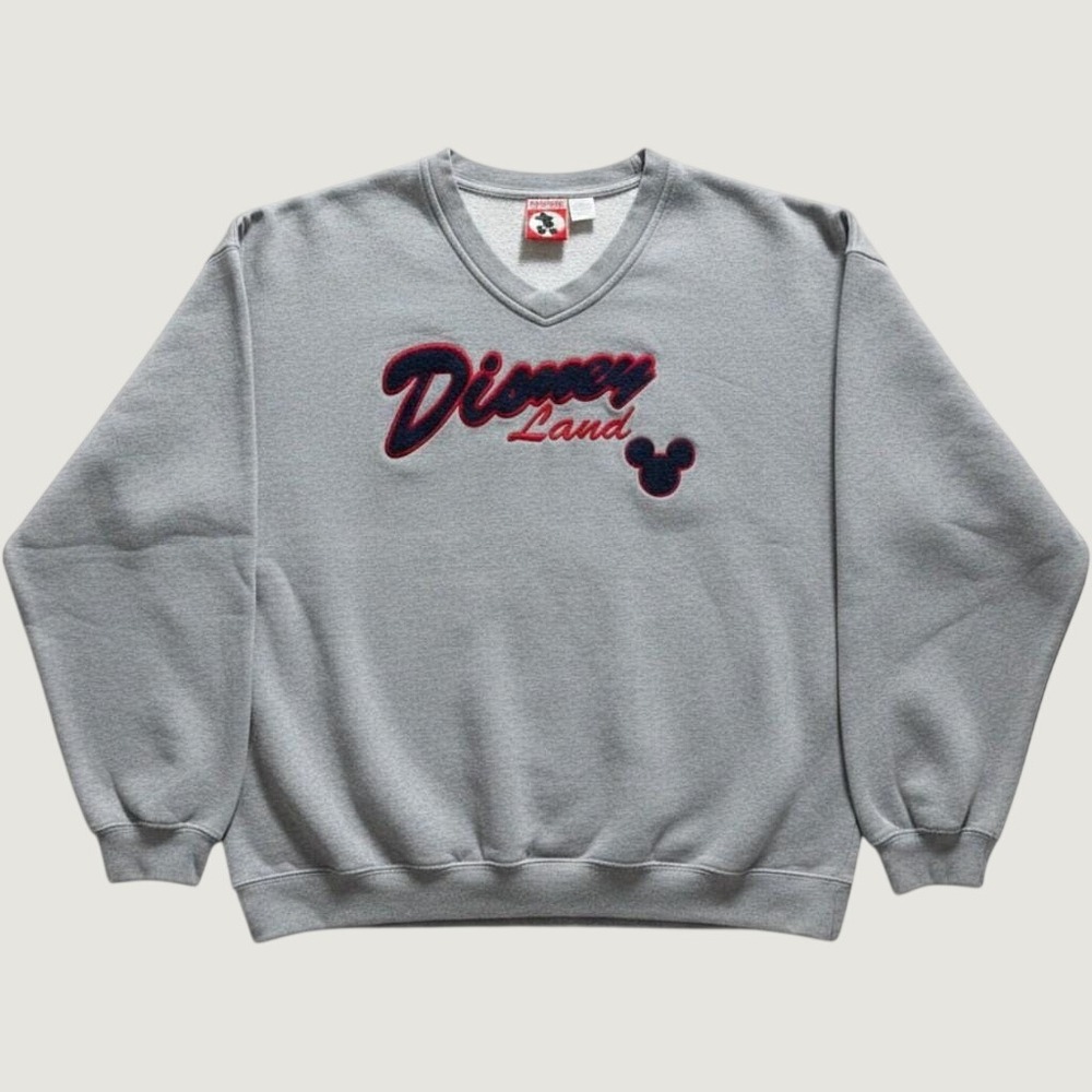Disneyland‎ Sweatshirt L V-Neck Chenille Logo Cotton Blend Gray 90s